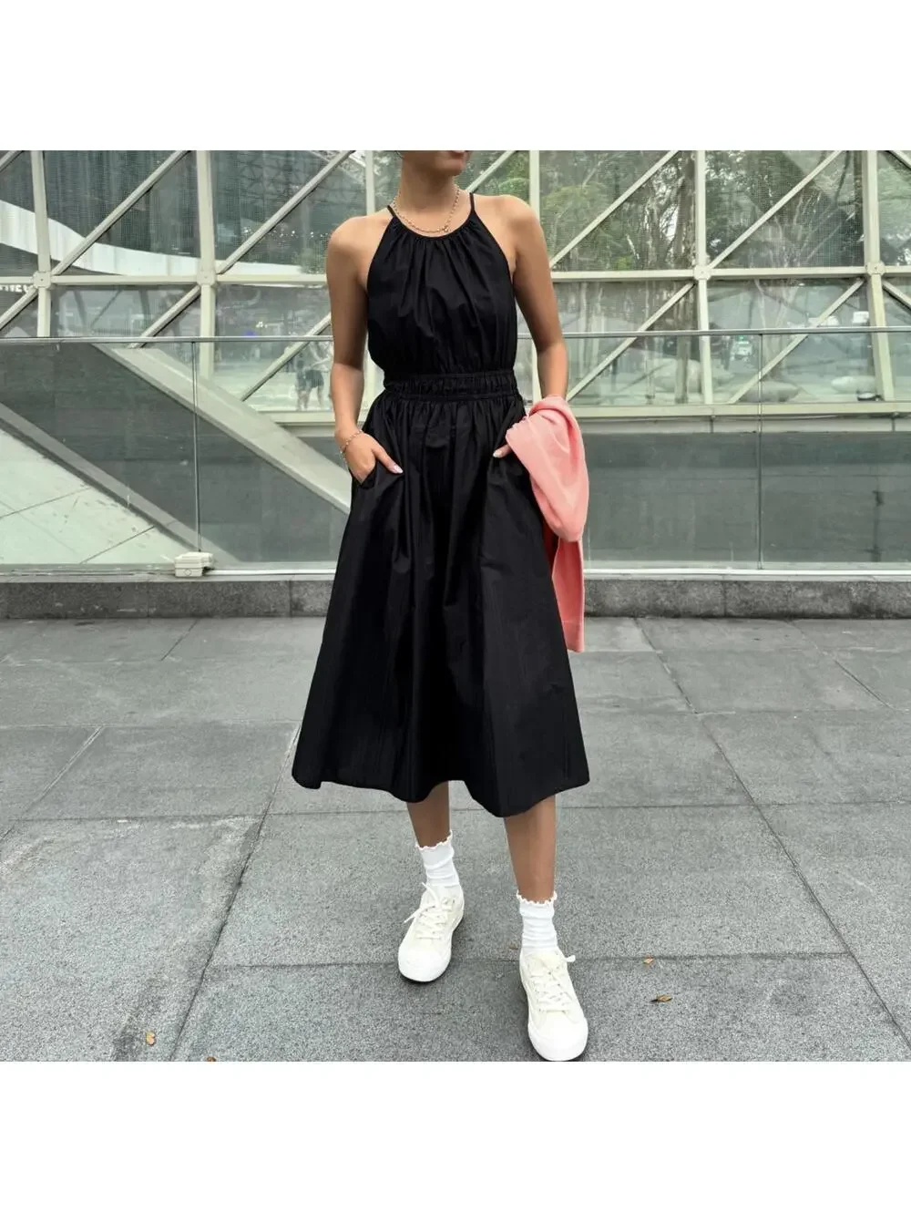 Uniqlo 100% Cotton Halter Neck Dress Black NWT Large - Picture 3 of 4